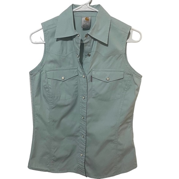 Carhartt Marble Button Down Light Blue Sleeveless Polo - Picture 2 of 8